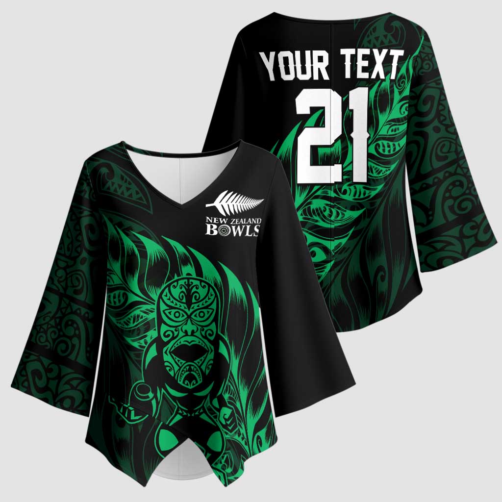 New Zealand Lawn Bowls Custom Kimono Sleeve Blouse Green Maori Warrior Tribal Silver Fern LT9 - Polynesian Pride