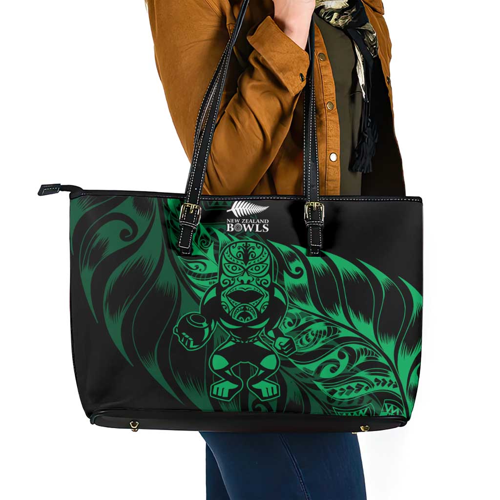 New Zealand Lawn Bowls Leather Tote Bag Green Maori Warrior Tribal Silver Fern LT9 - Polynesian Pride