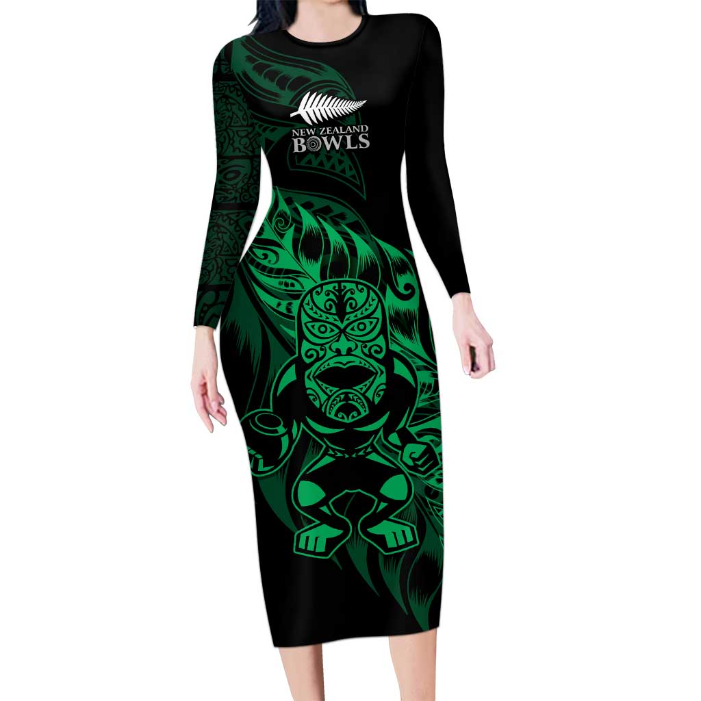 New Zealand Lawn Bowls Custom Long Sleeve Bodycon Dress Green Maori Warrior Tribal Silver Fern LT9 Long Dress Green - Polynesian Pride