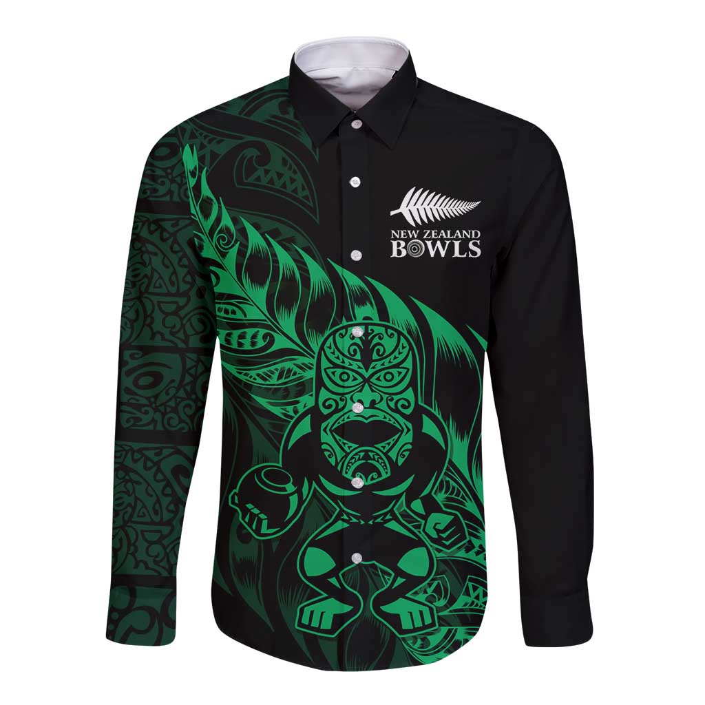 New Zealand Lawn Bowls Custom Long Sleeve Button Shirt Green Maori Warrior Tribal Silver Fern LT9 Unisex Green - Polynesian Pride