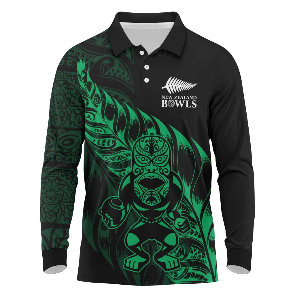 New Zealand Lawn Bowls Custom Long Sleeve Polo Shirt Green Maori Warrior Tribal Silver Fern - Polynesian Pride