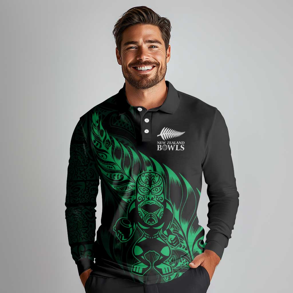New Zealand Lawn Bowls Custom Long Sleeve Polo Shirt Green Maori Warrior Tribal Silver Fern - Polynesian Pride