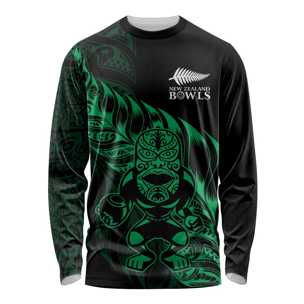New Zealand Lawn Bowls Custom Long Sleeve Shirt Green Maori Warrior Tribal Silver Fern LT9 Unisex Green - Polynesian Pride