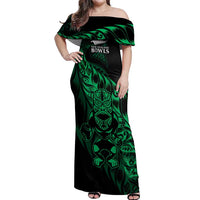 New Zealand Lawn Bowls Custom Off Shoulder Maxi Dress Green Maori Warrior Tribal Silver Fern LT9 Women Green - Polynesian Pride