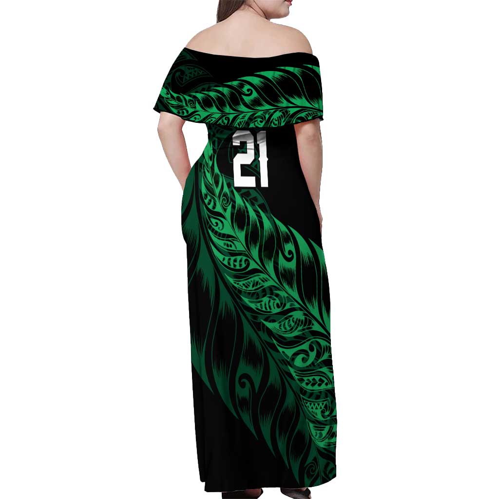 New Zealand Lawn Bowls Custom Off Shoulder Maxi Dress Green Maori Warrior Tribal Silver Fern LT9 - Polynesian Pride