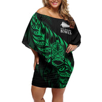 New Zealand Lawn Bowls Custom Off Shoulder Short Dress Green Maori Warrior Tribal Silver Fern LT9 Women Green - Polynesian Pride