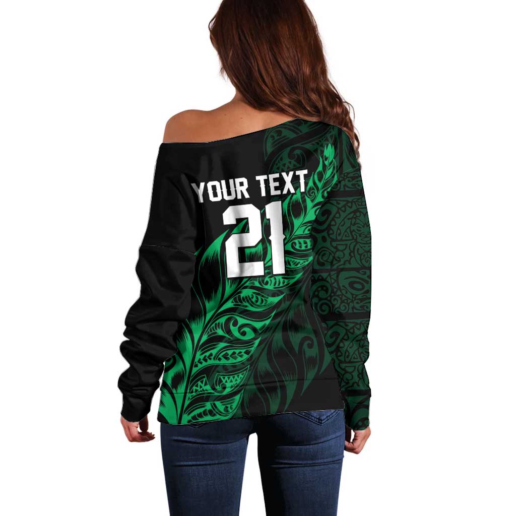 New Zealand Lawn Bowls Custom Off Shoulder Sweater Green Maori Warrior Tribal Silver Fern LT9 - Polynesian Pride
