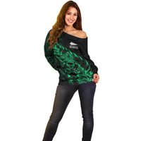 New Zealand Lawn Bowls Custom Off Shoulder Sweater Green Maori Warrior Tribal Silver Fern LT9 - Polynesian Pride