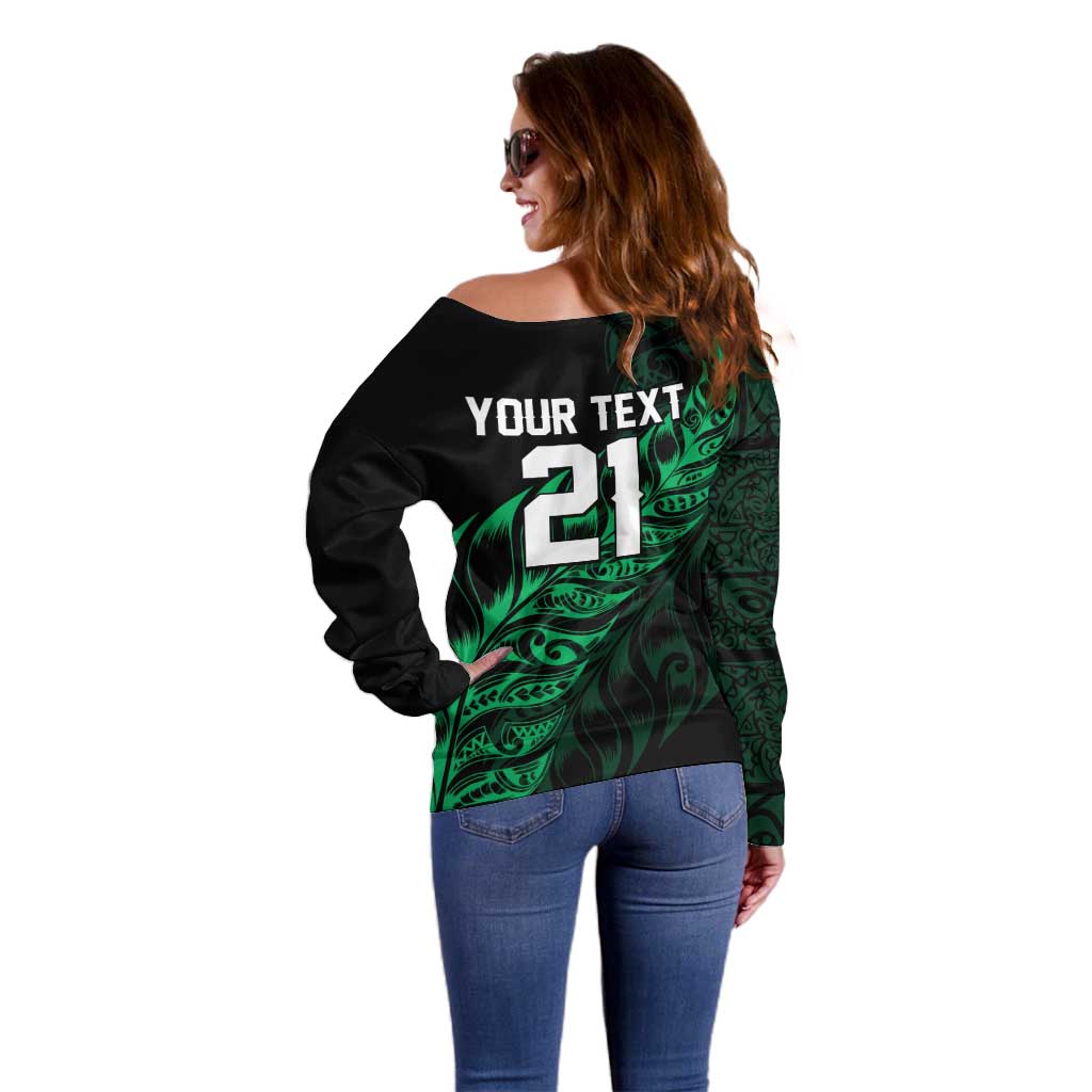 New Zealand Lawn Bowls Custom Off Shoulder Sweater Green Maori Warrior Tribal Silver Fern LT9 - Polynesian Pride