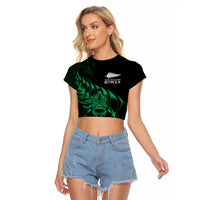 New Zealand Lawn Bowls Custom Raglan Cropped T Shirt Green Maori Warrior Tribal Silver Fern LT9 Female Green - Polynesian Pride