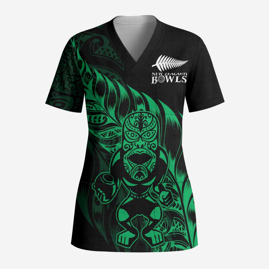 New Zealand Lawn Bowls Custom Scrub Top Green Maori Warrior Tribal Silver Fern LT9 Adult Green - Polynesian Pride