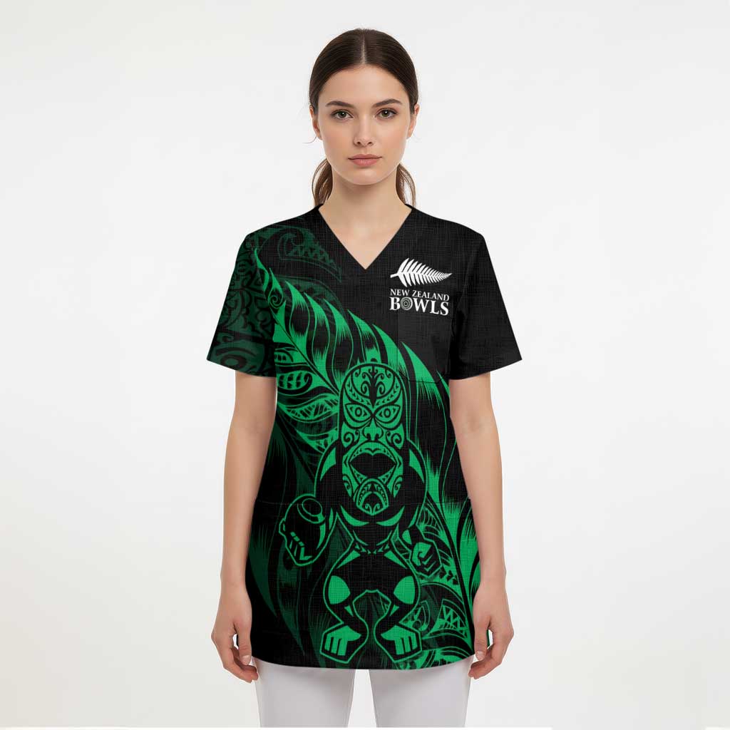 New Zealand Lawn Bowls Custom Scrub Top Green Maori Warrior Tribal Silver Fern LT9 - Polynesian Pride