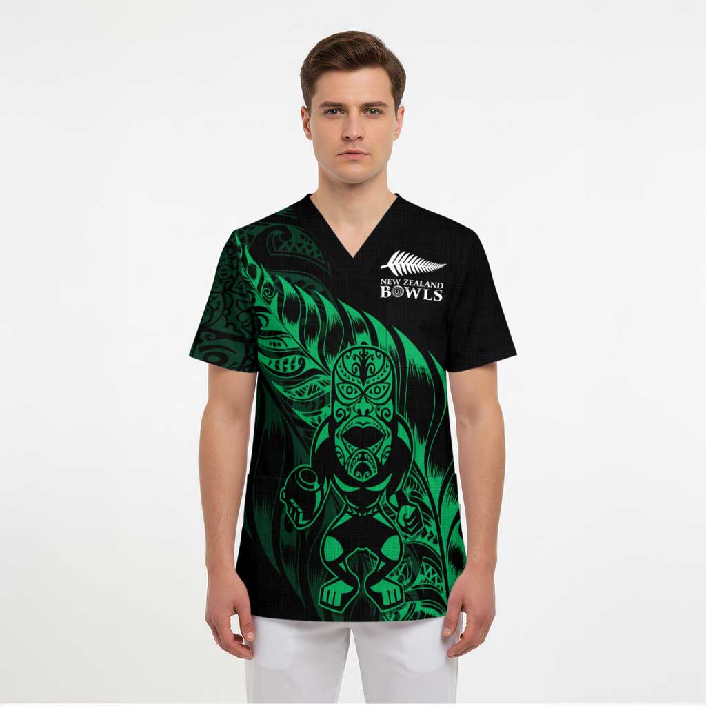 New Zealand Lawn Bowls Custom Scrub Top Green Maori Warrior Tribal Silver Fern LT9 - Polynesian Pride