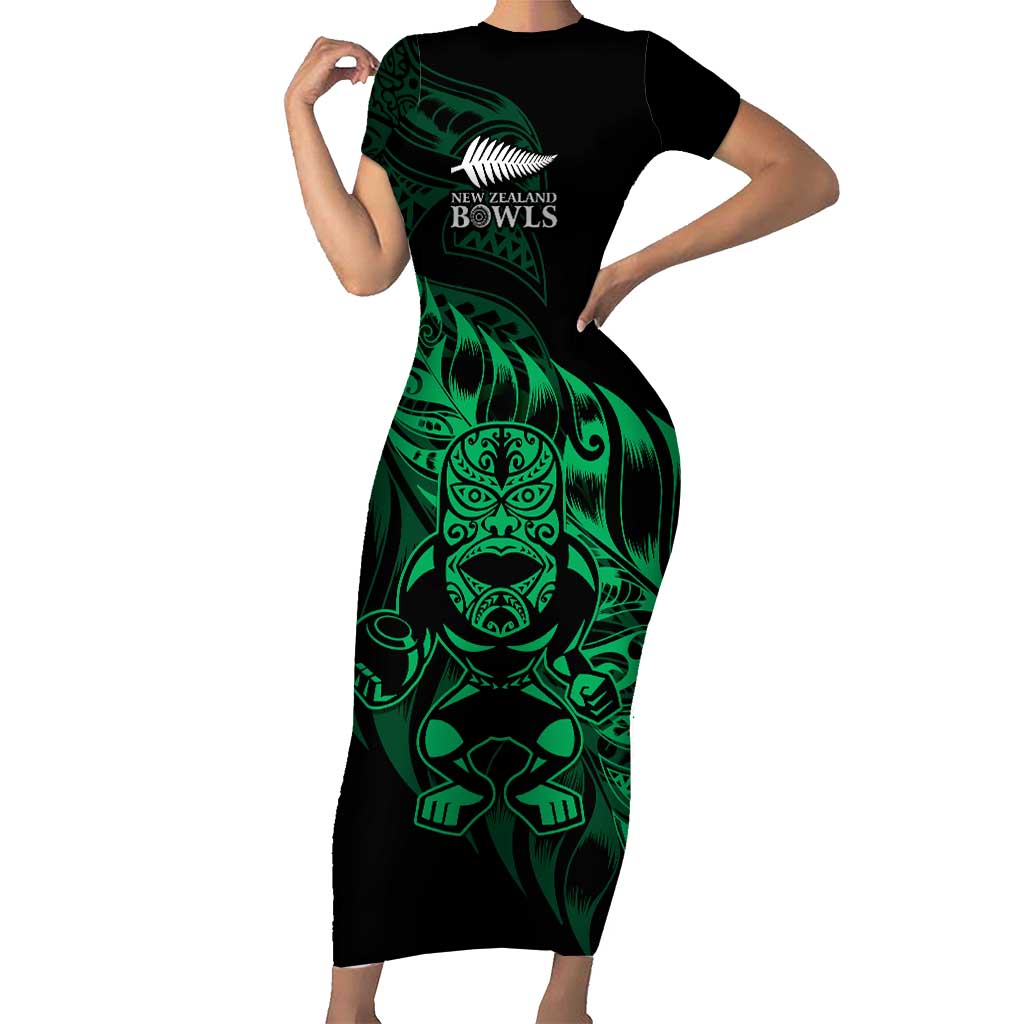 New Zealand Lawn Bowls Custom Short Sleeve Bodycon Dress Green Maori Warrior Tribal Silver Fern LT9 Long Dress Green - Polynesian Pride