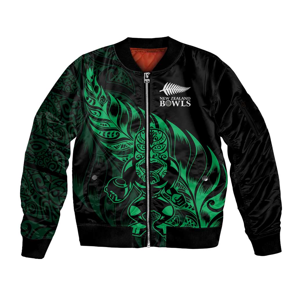 New Zealand Lawn Bowls Custom Sleeve Zip Bomber Jacket Green Maori Warrior Tribal Silver Fern LT9 Unisex Green - Polynesian Pride