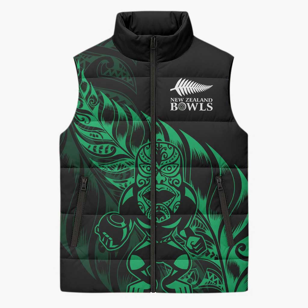 New Zealand Lawn Bowls Custom Sleeveless Puffer Jacket Green Maori Warrior Tribal Silver Fern LT9 Unisex Green - Polynesian Pride