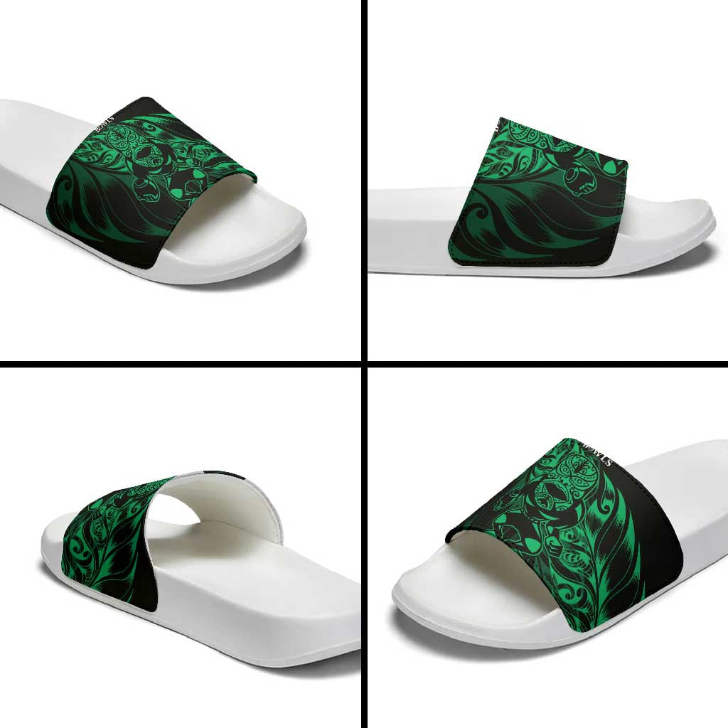 New Zealand Lawn Bowls Slide Sandals Green Maori Warrior Tribal Silver Fern LT9 - Polynesian Pride