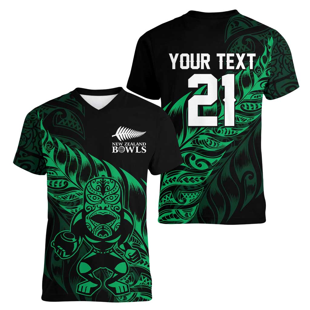 New Zealand Lawn Bowls Custom Women V-Neck T-Shirt Green Maori Warrior Tribal Silver Fern LT9 - Polynesian Pride