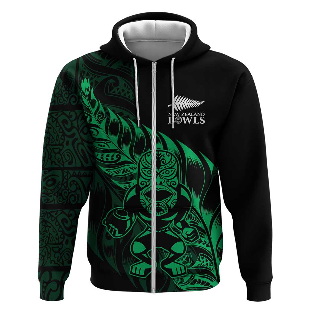 New Zealand Lawn Bowls Custom Zip Hoodie Green Maori Warrior Tribal Silver Fern LT9 Zip Hoodie Green - Polynesian Pride