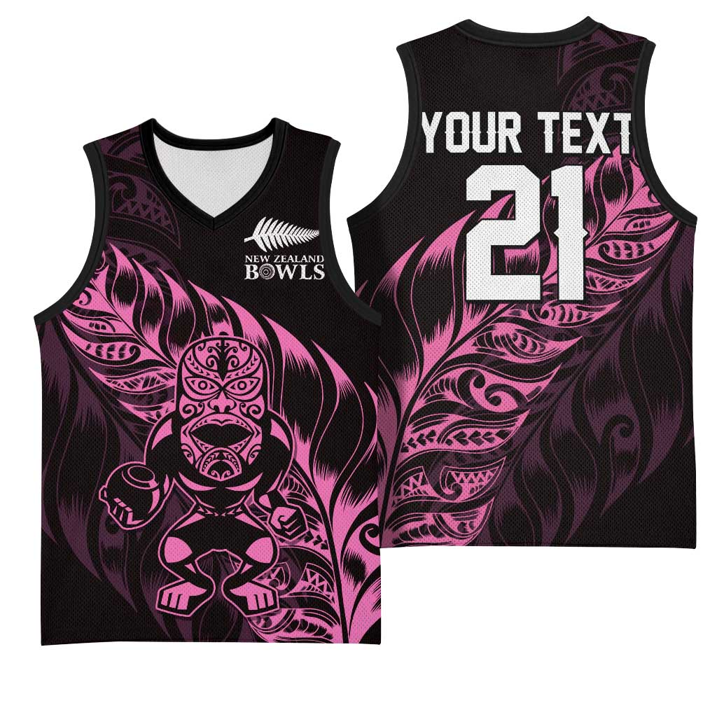 New Zealand Lawn Bowls Custom Basketball Jersey Pink Maori Warrior Tribal Silver Fern LT9 - Polynesian Pride