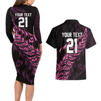 New Zealand Lawn Bowls Custom Couples Matching Long Sleeve Bodycon Dress and Hawaiian Shirt Pink Maori Warrior Tribal Silver Fern LT9 - Polynesian Pride