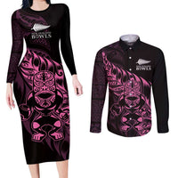New Zealand Lawn Bowls Custom Couples Matching Long Sleeve Bodycon Dress and Long Sleeve Button Shirt Pink Maori Warrior Tribal Silver Fern LT9 Pink - Polynesian Pride