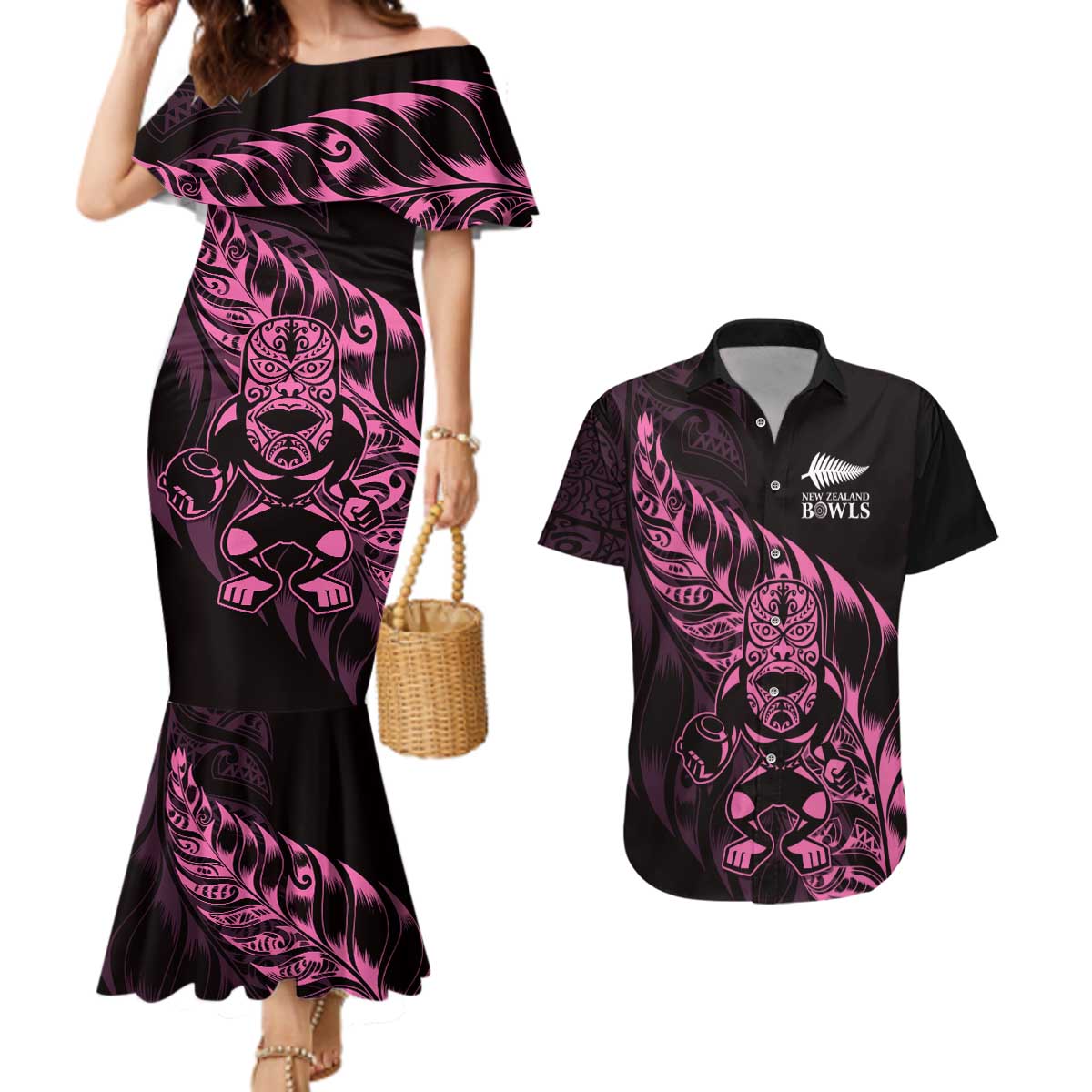New Zealand Lawn Bowls Custom Couples Matching Mermaid Dress and Hawaiian Shirt Pink Maori Warrior Tribal Silver Fern - Polynesian Pride