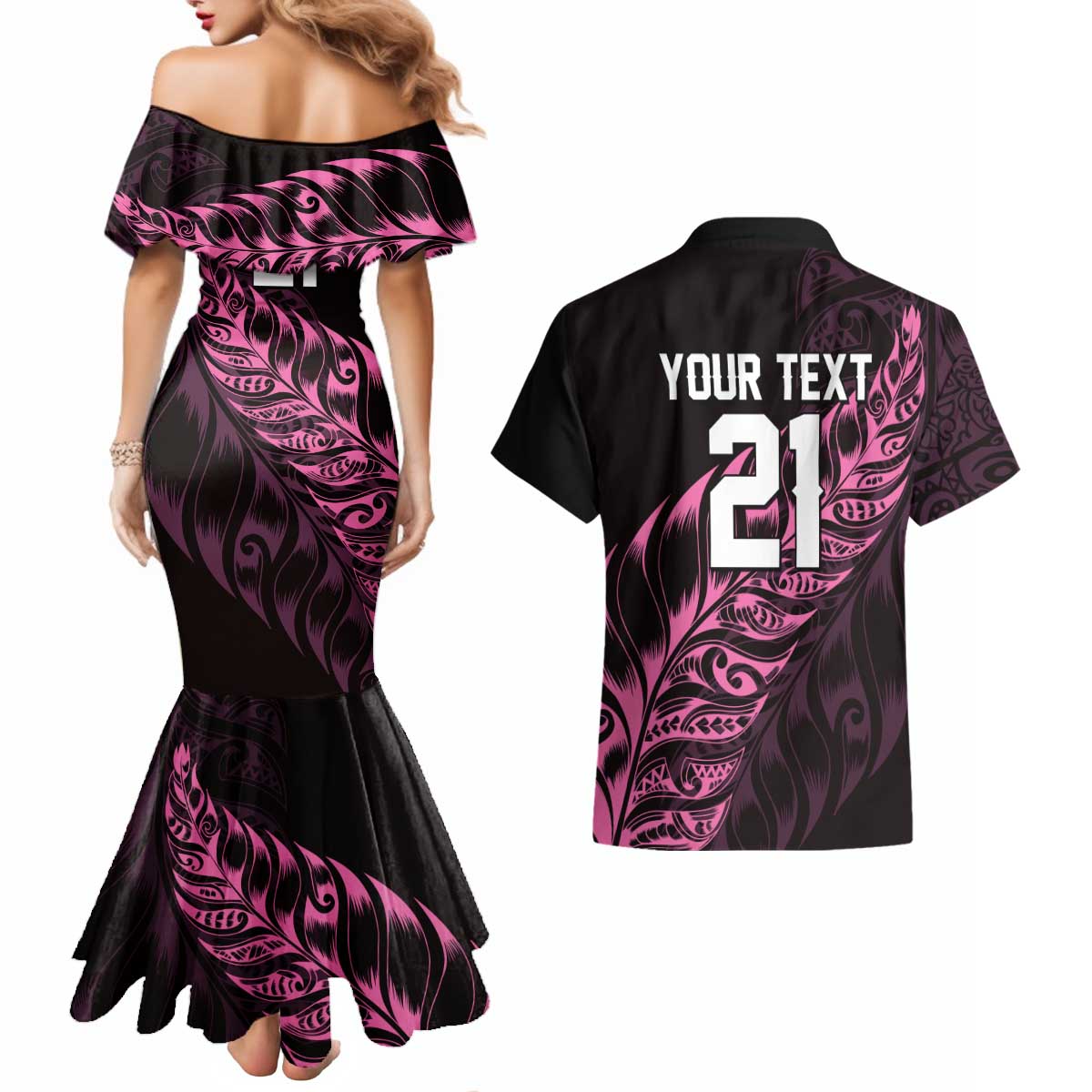 New Zealand Lawn Bowls Custom Couples Matching Mermaid Dress and Hawaiian Shirt Pink Maori Warrior Tribal Silver Fern LT9 - Polynesian Pride