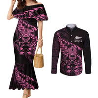 New Zealand Lawn Bowls Custom Couples Matching Mermaid Dress and Long Sleeve Button Shirt Pink Maori Warrior Tribal Silver Fern LT9 Pink - Polynesian Pride