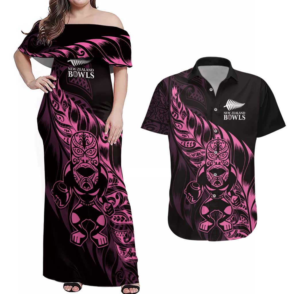 New Zealand Lawn Bowls Custom Couples Matching Off Shoulder Maxi Dress and Hawaiian Shirt Pink Maori Warrior Tribal Silver Fern - Polynesian Pride