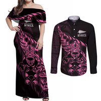 New Zealand Lawn Bowls Custom Couples Matching Off Shoulder Maxi Dress and Long Sleeve Button Shirt Pink Maori Warrior Tribal Silver Fern LT9 Pink - Polynesian Pride
