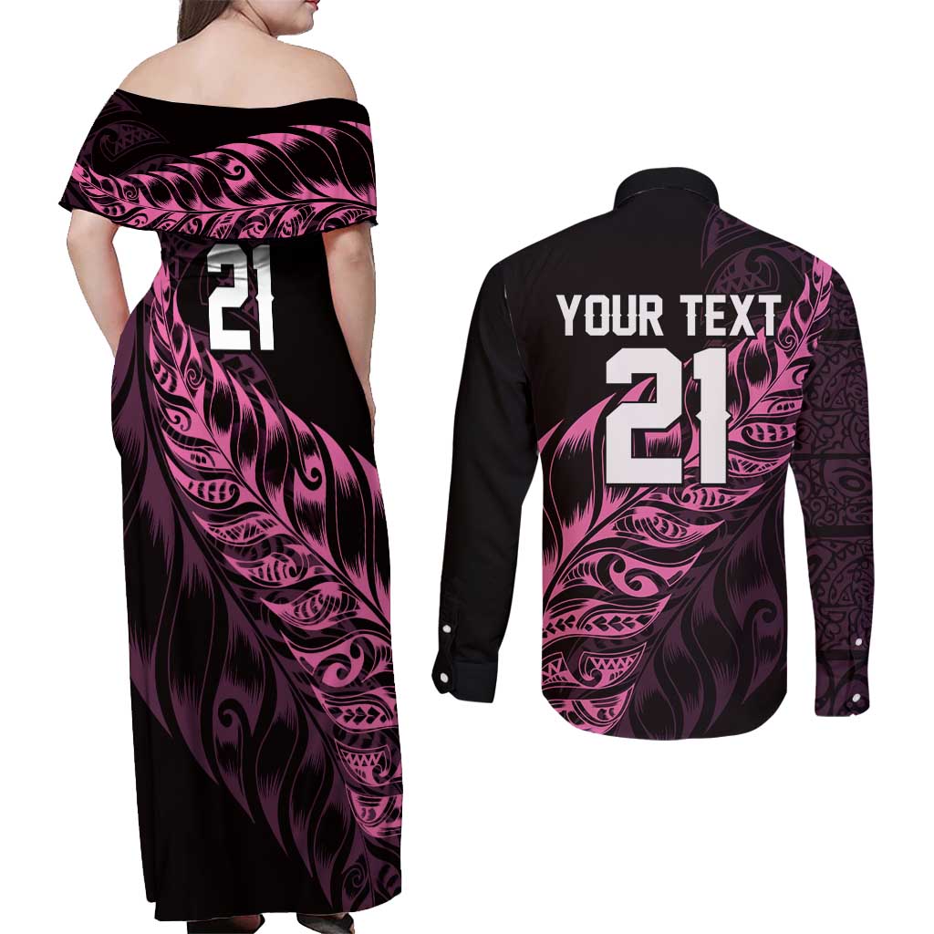 New Zealand Lawn Bowls Custom Couples Matching Off Shoulder Maxi Dress and Long Sleeve Button Shirt Pink Maori Warrior Tribal Silver Fern LT9 - Polynesian Pride
