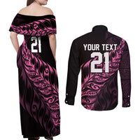 New Zealand Lawn Bowls Custom Couples Matching Off Shoulder Maxi Dress and Long Sleeve Button Shirt Pink Maori Warrior Tribal Silver Fern LT9 - Polynesian Pride