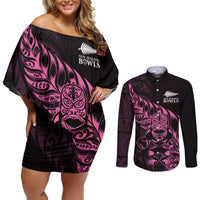 New Zealand Lawn Bowls Custom Couples Matching Off Shoulder Short Dress and Long Sleeve Button Shirt Pink Maori Warrior Tribal Silver Fern LT9 Pink - Polynesian Pride