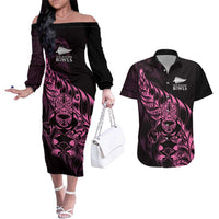 New Zealand Lawn Bowls Custom Couples Matching Off The Shoulder Long Sleeve Dress and Hawaiian Shirt Pink Maori Warrior Tribal Silver Fern LT9 Pink - Polynesian Pride