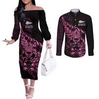 New Zealand Lawn Bowls Custom Couples Matching Off The Shoulder Long Sleeve Dress and Long Sleeve Button Shirt Pink Maori Warrior Tribal Silver Fern LT9 Pink - Polynesian Pride