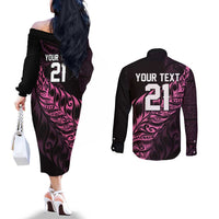 New Zealand Lawn Bowls Custom Couples Matching Off The Shoulder Long Sleeve Dress and Long Sleeve Button Shirt Pink Maori Warrior Tribal Silver Fern LT9 - Polynesian Pride