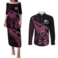 New Zealand Lawn Bowls Custom Couples Matching Puletasi and Long Sleeve Button Shirt Pink Maori Warrior Tribal Silver Fern LT9 Pink - Polynesian Pride