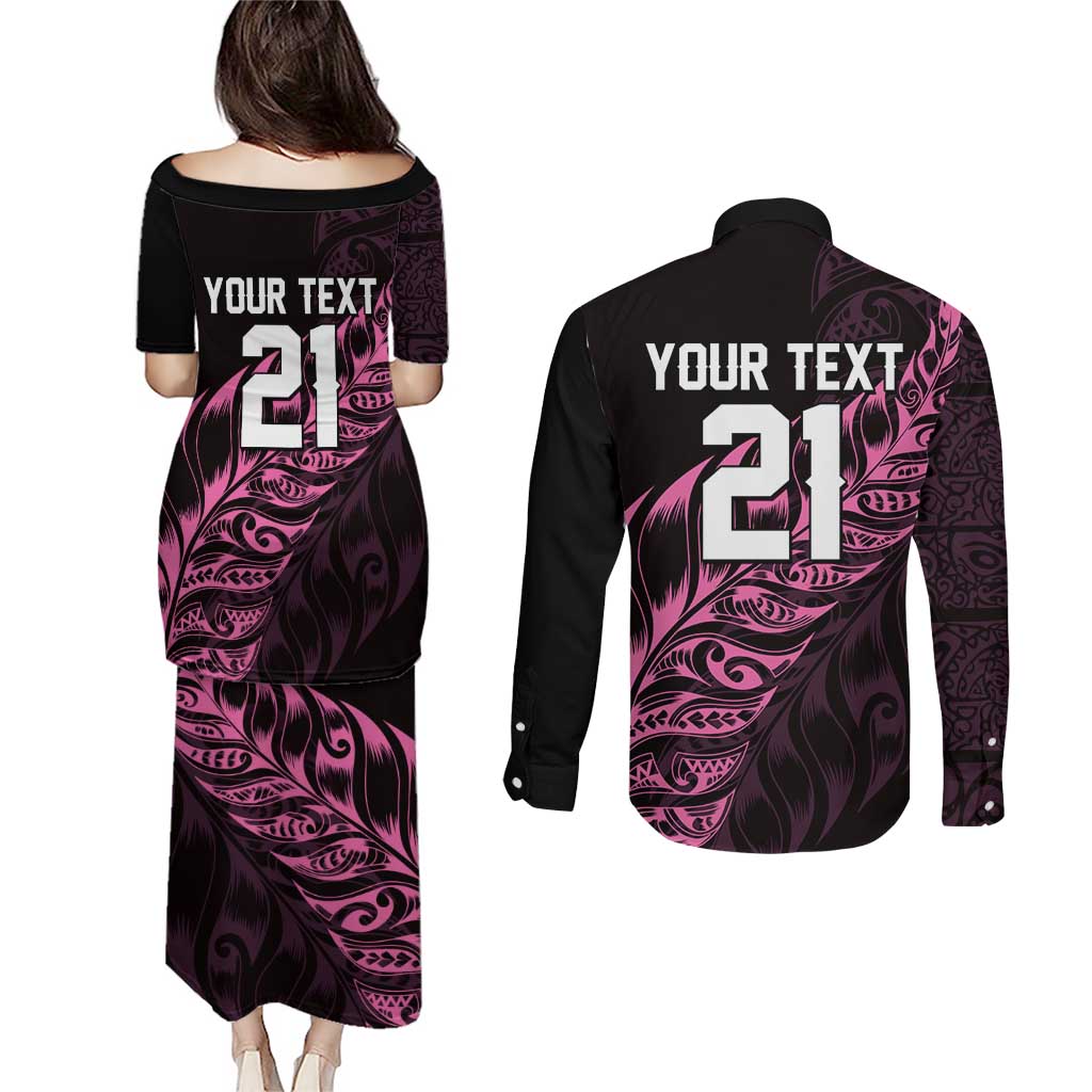 New Zealand Lawn Bowls Custom Couples Matching Puletasi and Long Sleeve Button Shirt Pink Maori Warrior Tribal Silver Fern LT9 - Polynesian Pride