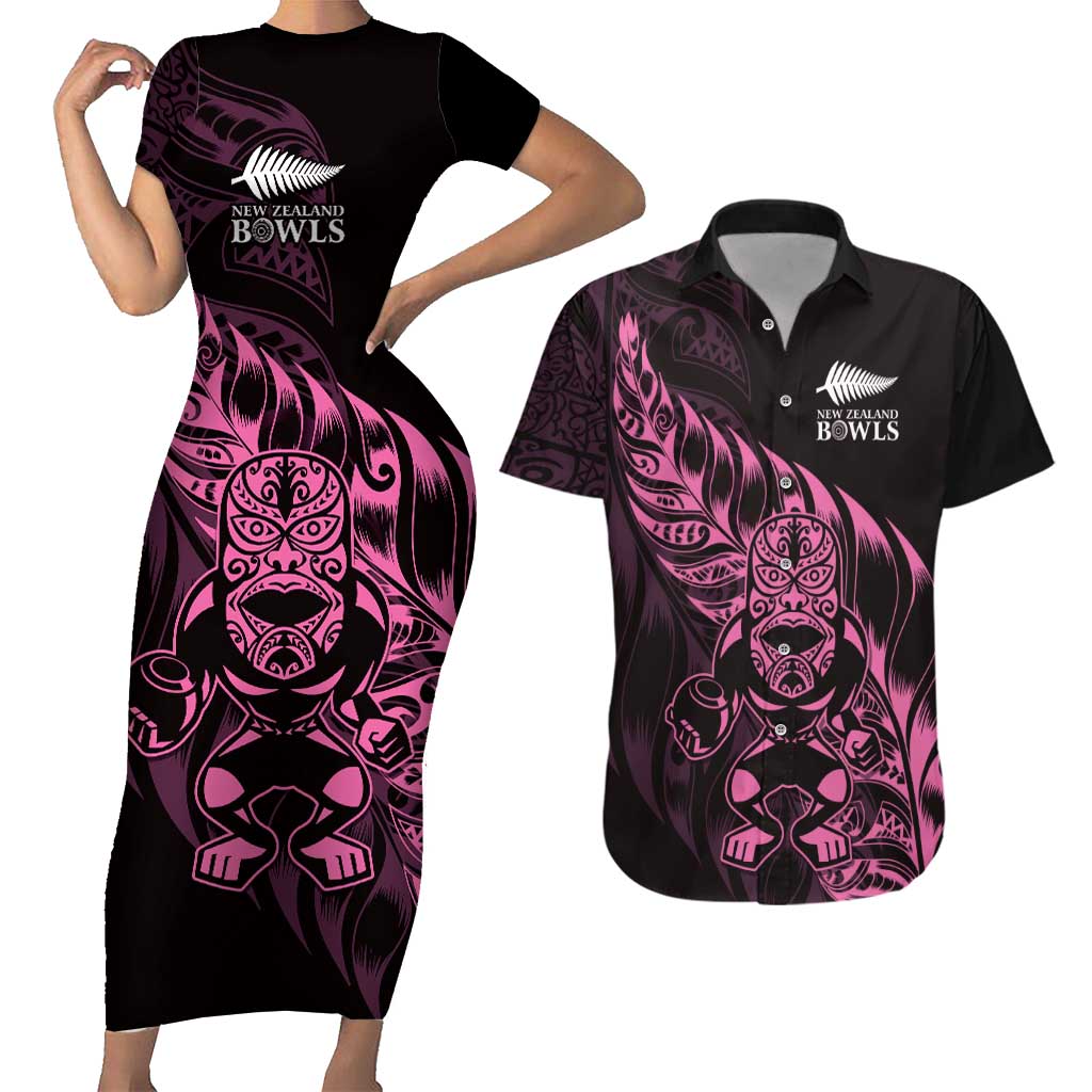 New Zealand Lawn Bowls Custom Couples Matching Short Sleeve Bodycon Dress and Hawaiian Shirt Pink Maori Warrior Tribal Silver Fern LT9 Pink - Polynesian Pride