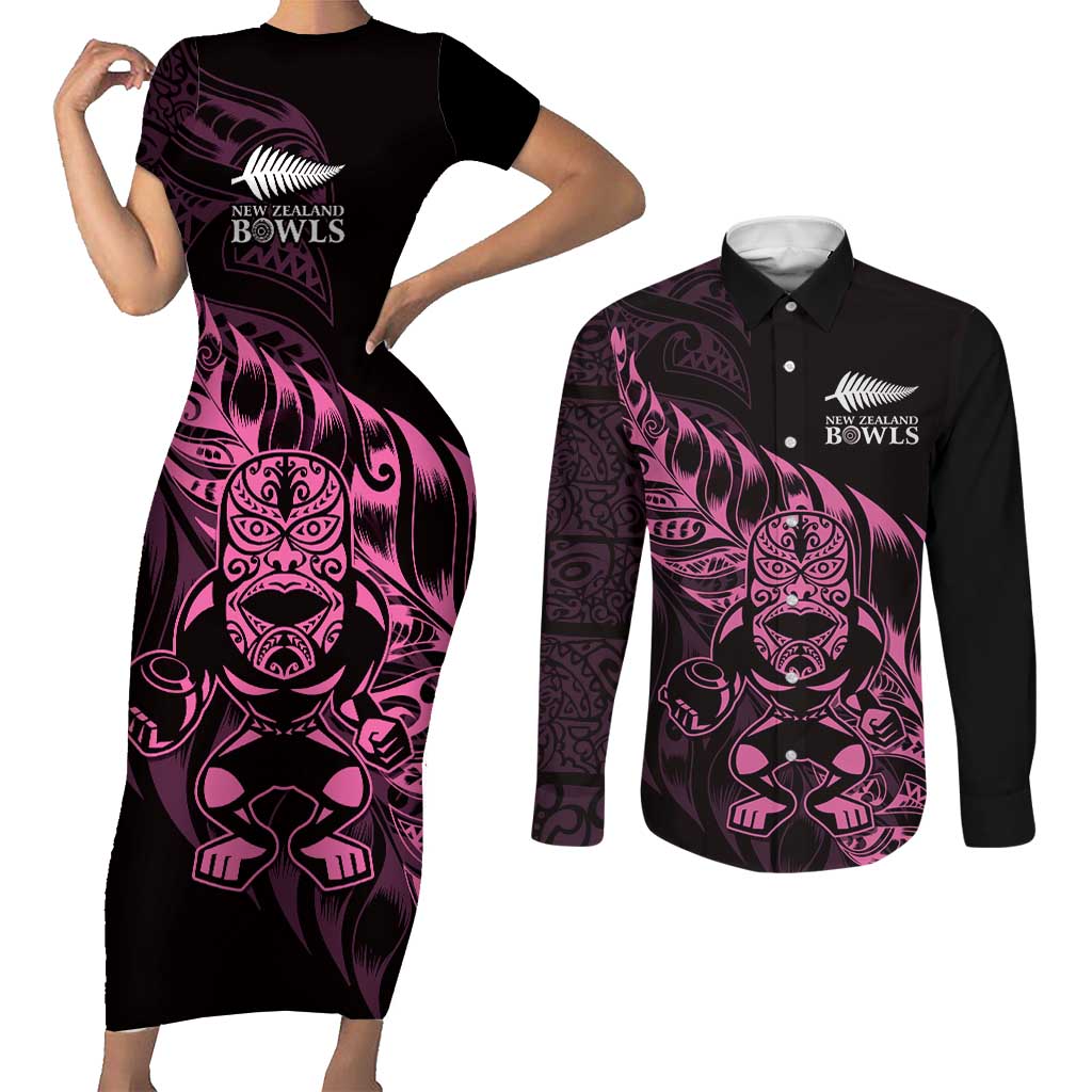 New Zealand Lawn Bowls Custom Couples Matching Short Sleeve Bodycon Dress and Long Sleeve Button Shirt Pink Maori Warrior Tribal Silver Fern LT9 Pink - Polynesian Pride