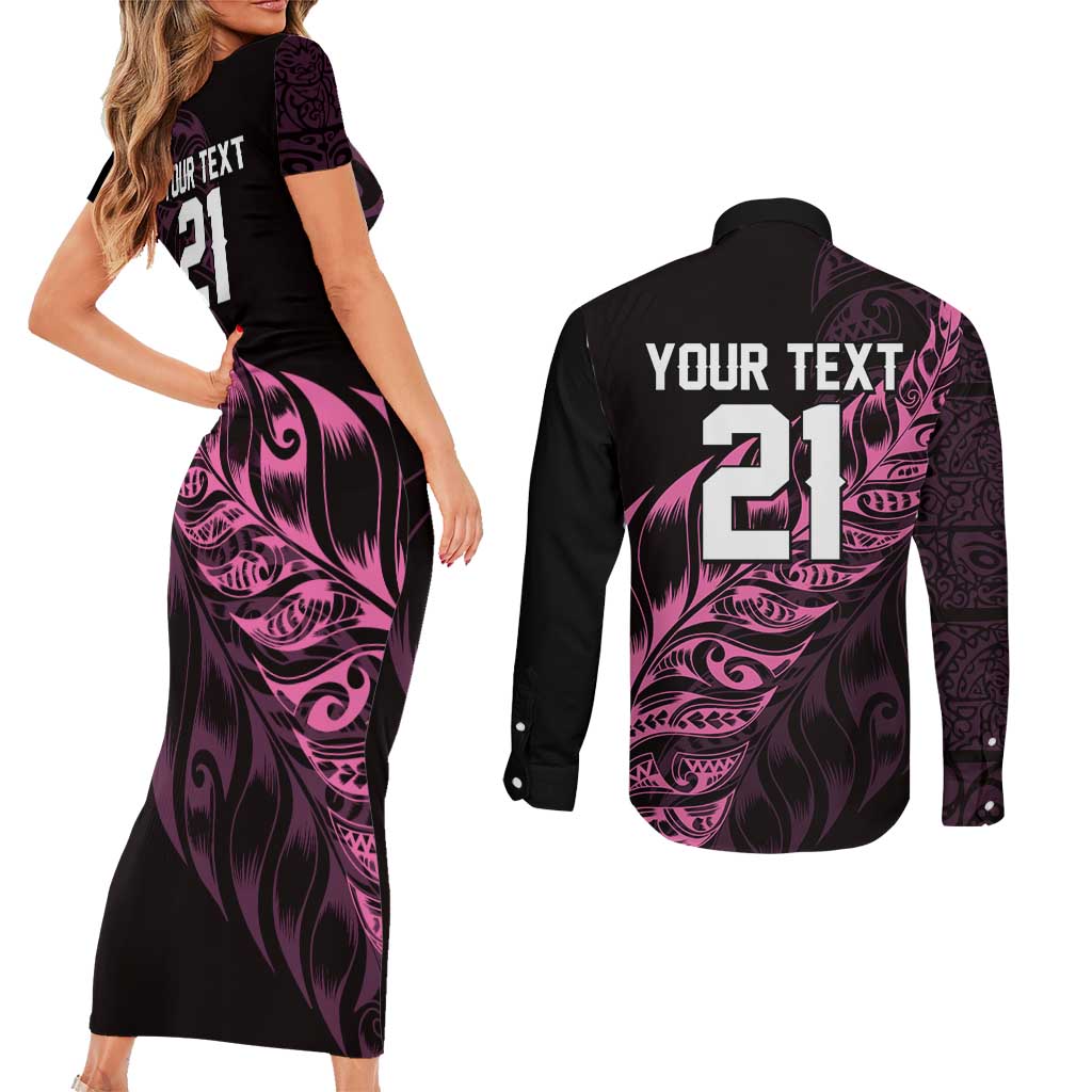 New Zealand Lawn Bowls Custom Couples Matching Short Sleeve Bodycon Dress and Long Sleeve Button Shirt Pink Maori Warrior Tribal Silver Fern LT9 - Polynesian Pride