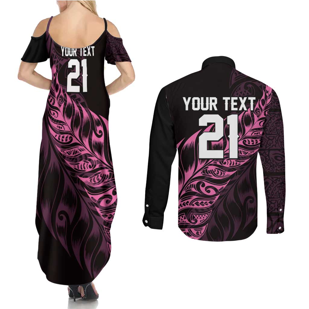 New Zealand Lawn Bowls Custom Couples Matching Summer Maxi Dress and Long Sleeve Button Shirt Pink Maori Warrior Tribal Silver Fern LT9 - Polynesian Pride