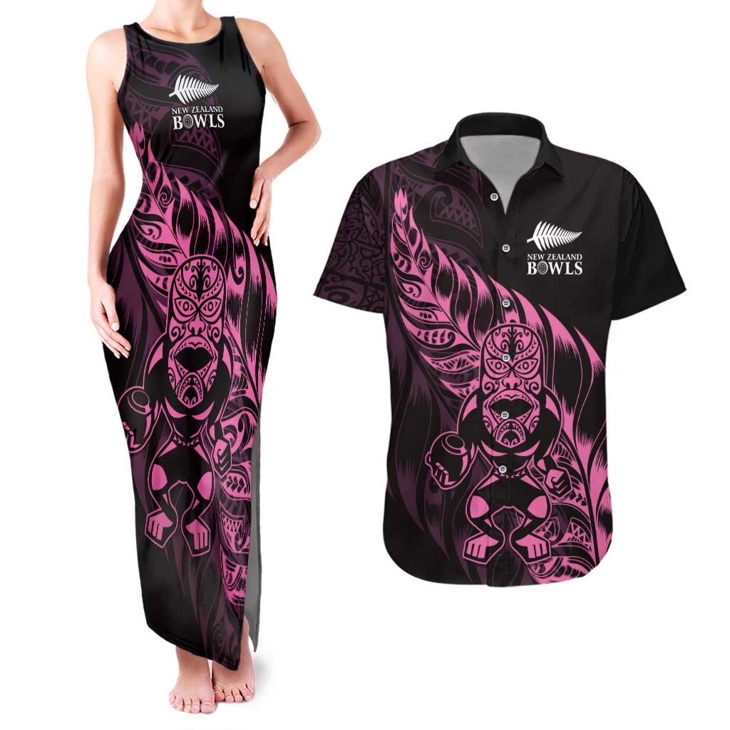 New Zealand Lawn Bowls Custom Couples Matching Tank Maxi Dress and Hawaiian Shirt Pink Maori Warrior Tribal Silver Fern LT9 Pink - Polynesian Pride