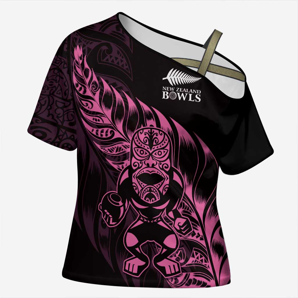 New Zealand Lawn Bowls Custom Cross Shoulder Shirt Pink Maori Warrior Tribal Silver Fern LT9 Female Pink - Polynesian Pride