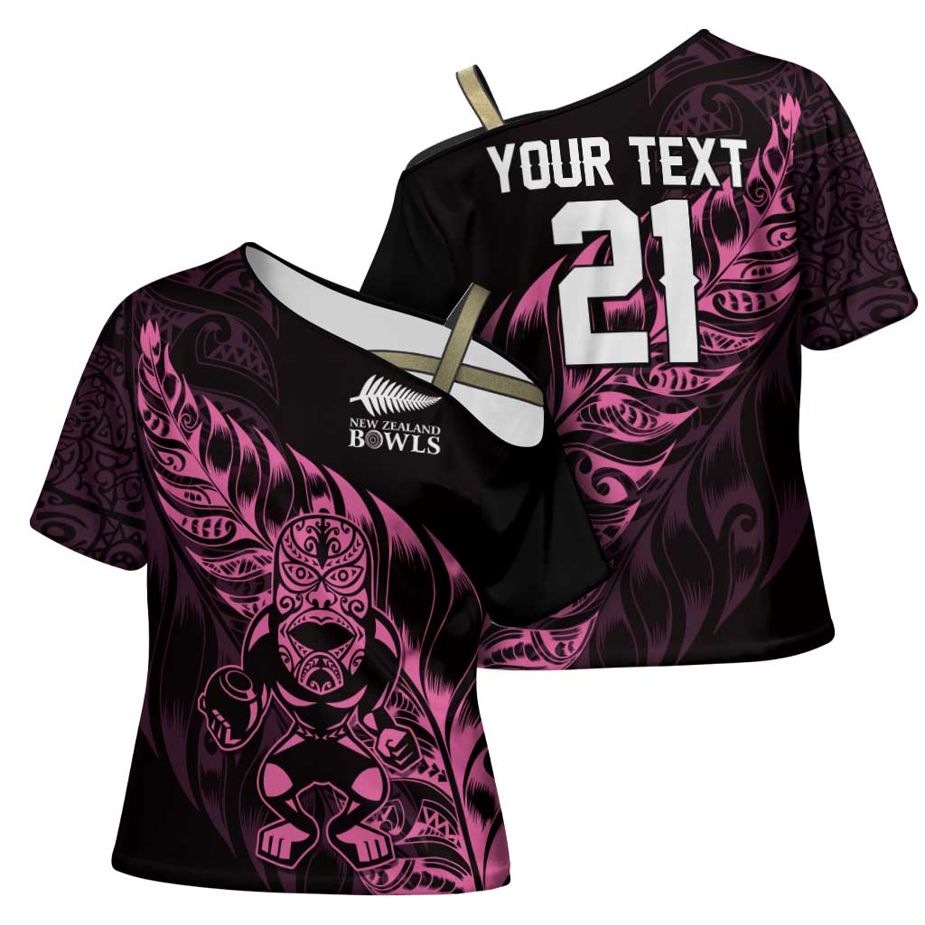 New Zealand Lawn Bowls Custom Cross Shoulder Shirt Pink Maori Warrior Tribal Silver Fern LT9 - Polynesian Pride