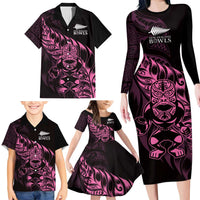 New Zealand Lawn Bowls Custom Family Matching Long Sleeve Bodycon Dress and Hawaiian Shirt Pink Maori Warrior Tribal Silver Fern LT9 - Polynesian Pride
