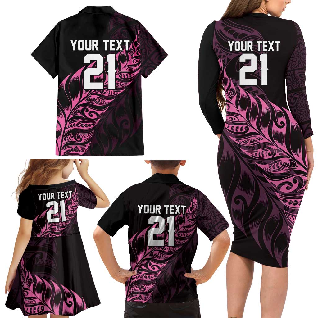 New Zealand Lawn Bowls Custom Family Matching Long Sleeve Bodycon Dress and Hawaiian Shirt Pink Maori Warrior Tribal Silver Fern LT9 - Polynesian Pride