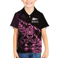 New Zealand Lawn Bowls Custom Family Matching Long Sleeve Bodycon Dress and Hawaiian Shirt Pink Maori Warrior Tribal Silver Fern LT9 Son's Shirt Pink - Polynesian Pride