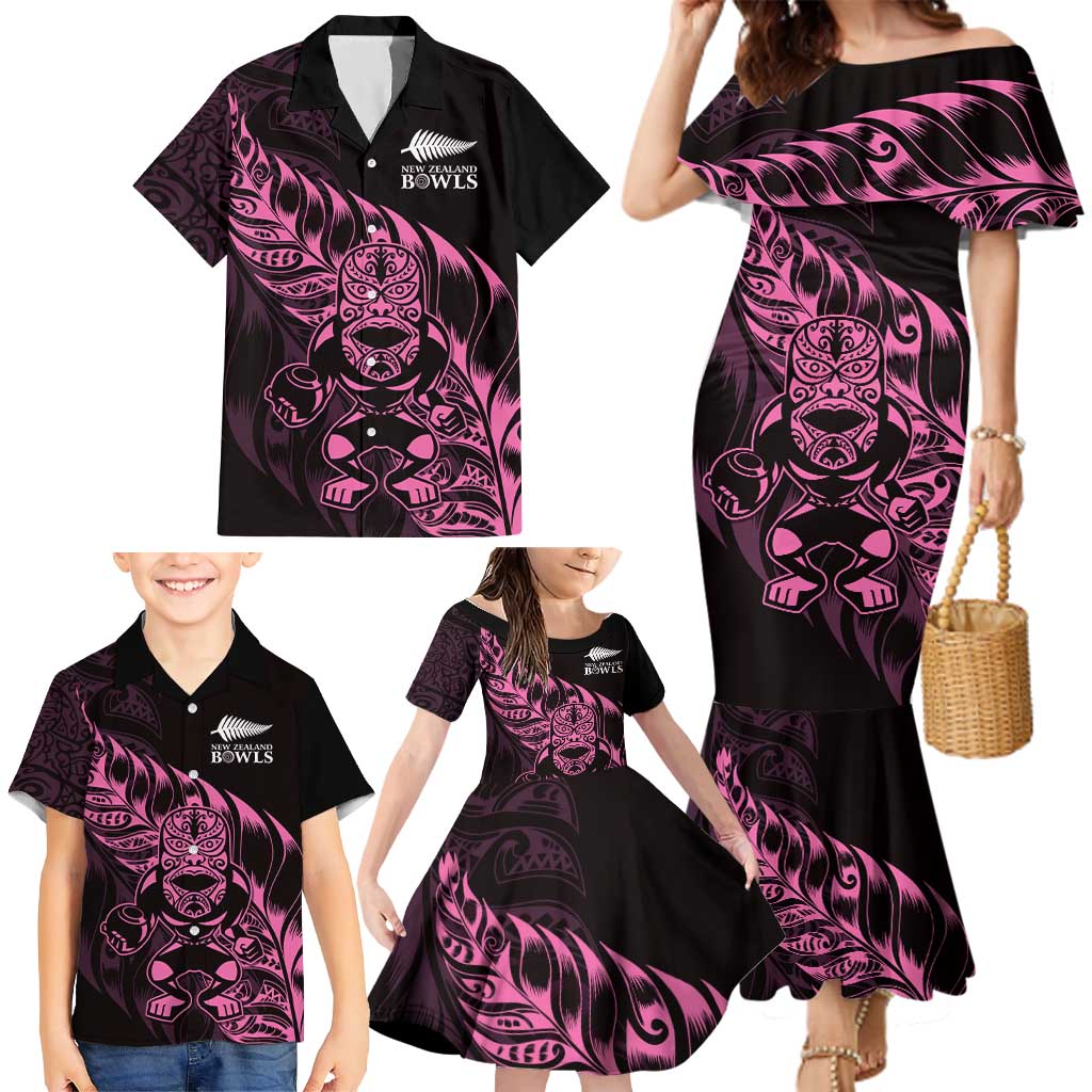 New Zealand Lawn Bowls Custom Family Matching Mermaid Dress and Hawaiian Shirt Pink Maori Warrior Tribal Silver Fern LT9 - Polynesian Pride